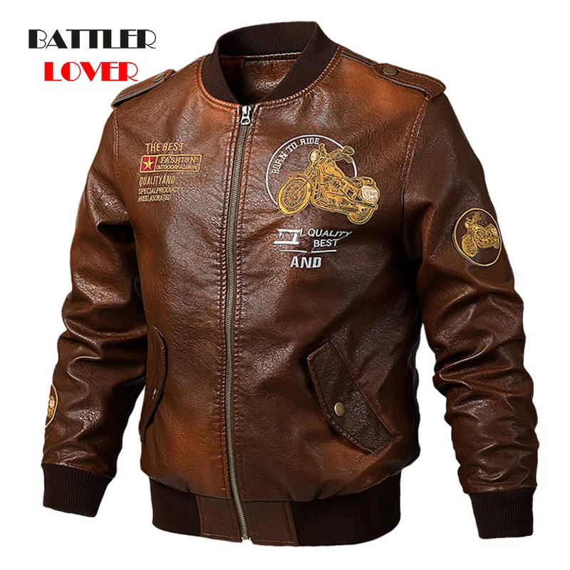 Autumn Genuine Leather Men Spring Motorcycle Biker Cow Leather Jacket Coats Male Embroidery Bomber Pilot Punk Hip Hop Clothes
