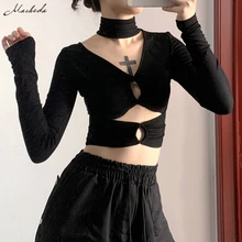 

Mmacheda Autumn Black Slim T Shirt Women Sexy Hollow Out Long Sleeve Turtleneck Clothing Fashion Lady Casual Solid Crop Top 2020