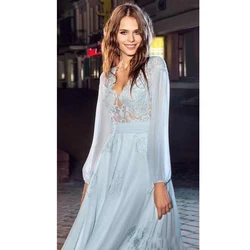 Elegant Prom Dresses A Line Long Sleeves Lace Chiffon V-Neck with Buttons Back Party Celebrity Dress robe de soirée femme платье