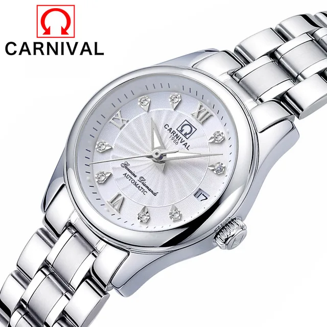 Silver White CARNIVA Роскошные для женщин механические часы дамы водонепроницаемый кристалл сапфир Автоматические наручные часы Календарь Часы Relogio Feminino - Цвет: Silver White
