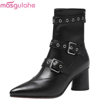 

Masgulahe 2020 autumn winter new arrive fashion women boots thick high heels pointed toe simple genuine leather ankle boots