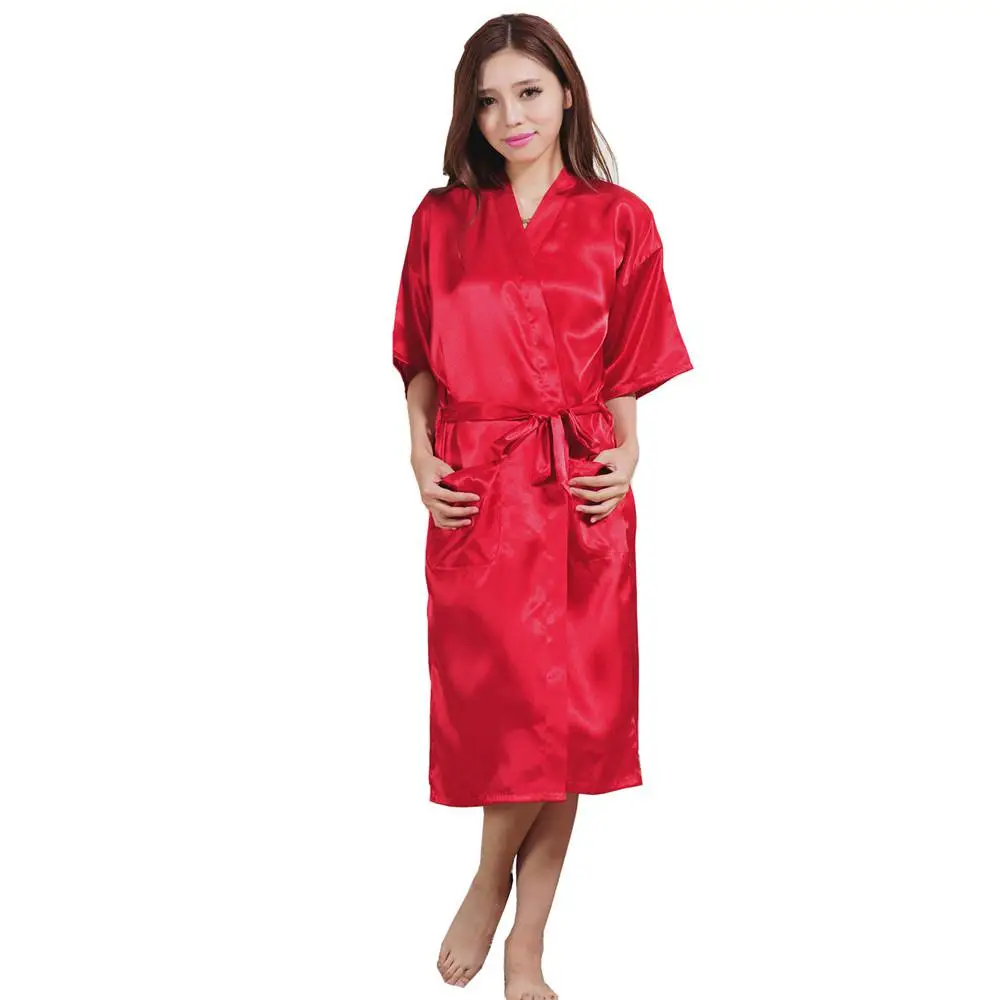 Темно-синее женское кимоно платье Летнее повседневное ночная рубашка халат платье до середины икры однотонное платье невесты свадебное платье атласная домашняя одежда - Цвет: Red
