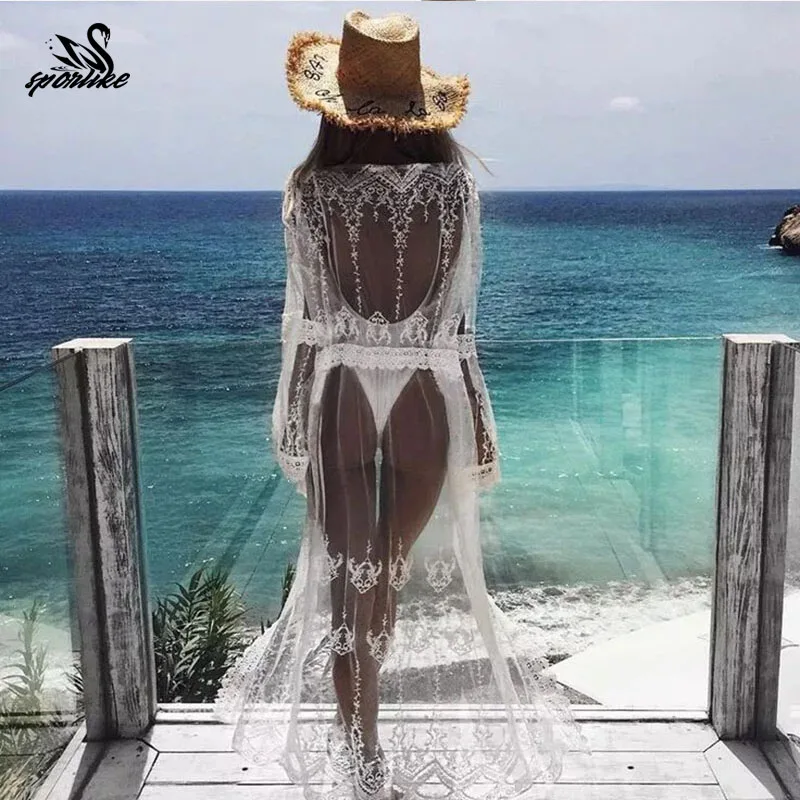 Элегантное сексуальное летнее пляжное платье с глубоким v-образным вырезом, Белая Кружевная туника, Женская пляжная одежда, купальник, накидка