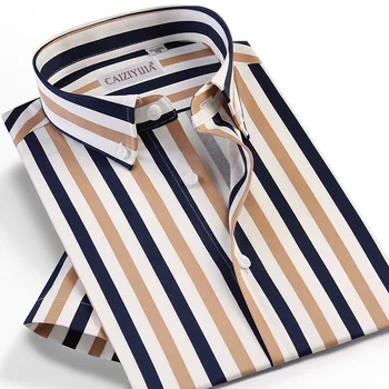 

Mens Wear 2020 Summer Short Sleeve Vertical Striped Dress Shirts Pocket-less Design Casual Standard-fit Button Down Thin Shirt