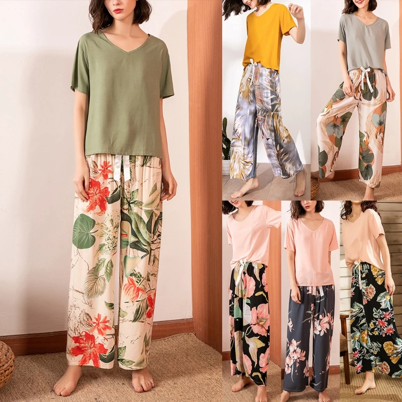 

Women Contrast Color Pajamas Set Short Sleeve Loose Tops Floral Pants Sleepwear