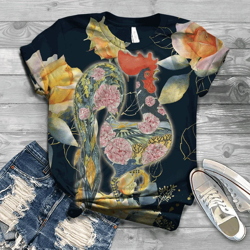 Independent station cross-border hot sale hot style European and American animal rooster 3D digital printing casual short sleeve