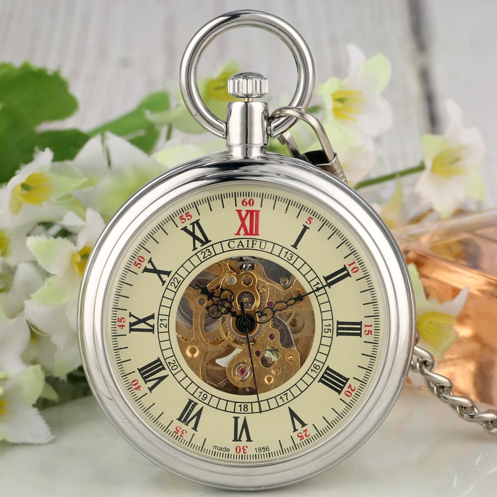 Relógio de Bolso Pingente de Prata Antigo para Mulheres Auto-vento Automático Mecânico Clássico Corrente Fob Relógio Masculinas Unissex Presentes