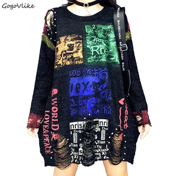 

Winter Sweaters Tide Gold Letter Print Holes Sweater O-neck Long Sleeve Loose Plus Size Tops Women Jumpers Harajuku SA027S30