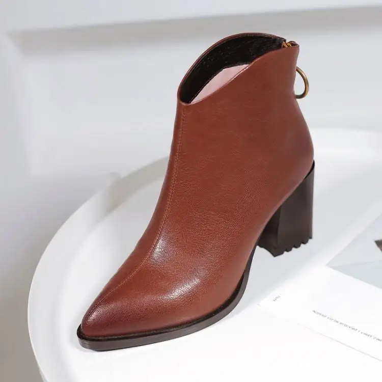 

Thick-heeled high-heeled short boots women pointed Martins boots bare boots head layer cowhide 7.5cm