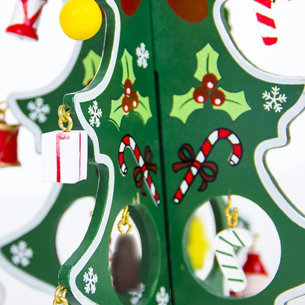 Mini Christmas Tree Wooden Hollow Colorful Painting Xmas Tree With Santa Hangings Christmas Tree Miniature Adornos Arbol Navidad