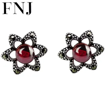 

FNJ 925 Silver Earrings for Women Jewelry White Red Ball Stone boucle d'oreille Original S925 Sterling Silver Stud Earring