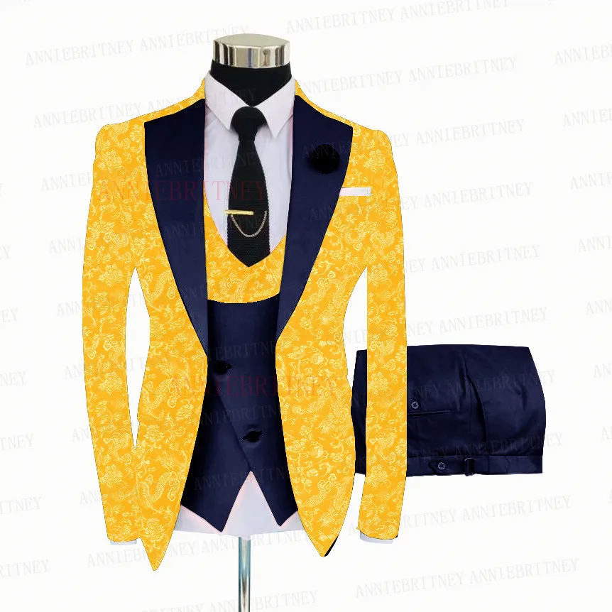Yellow Floral Printed Groom Wedding Suit Set Slim Fit Formal Men Shiny Jacket Prom Dinner Suit Blazer Vest Pants 3 Pieces