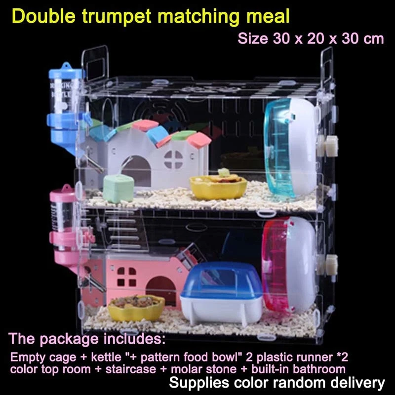 Многослойная клетка для хомяка, прозрачный акриловый домик с аксессуарами для хомяка, для морской свинки, маленьких животных, спящих и играющих - Цвет: Two Layers S Kit A2