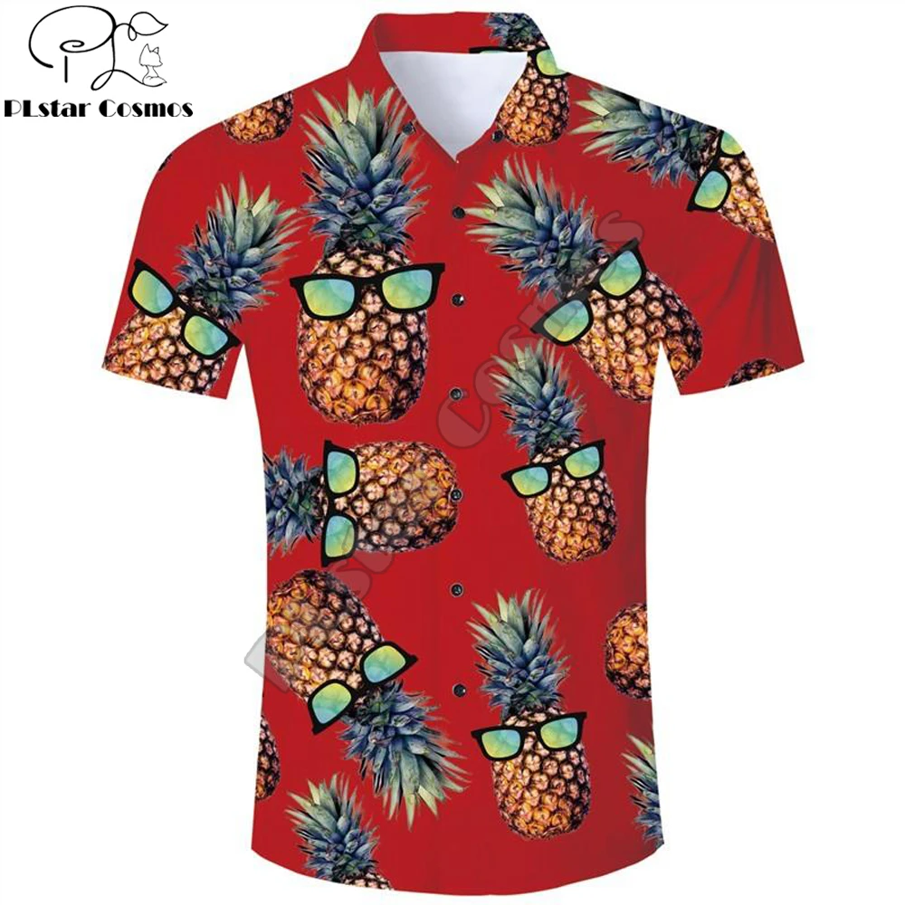 2021 Summer Harajuku Short sleeve Shirts Red/Yellow Funny Glasses Pineapple 3D Printed Hawaiian Shirt Mens Harajuku Casual Shirt