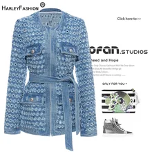 HarleyFashion Luxury Design Casual Women Denim Jacket Hidden Buttons Hole High Street Quality Coat with Slash