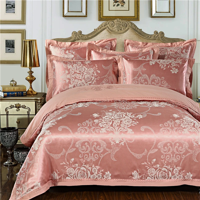 Hot 4/6 Pcs Luxury Golden Gold King Queen size Jacquard Bedding Set Satin Cotton bed Duvet Cover Bed Sheet And Pillowcases - Цвет: NO.2