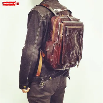 

Men's Backpack Leather Computer Bag Male Leisure Travel Bags 15.6 Inch Laptop Backpacks Brown Vintage Handmade Genuine Leather