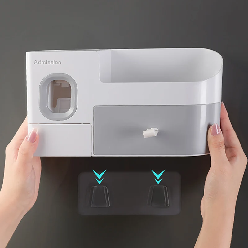 ONEUP Integrated Double Drawer Toothbrush Holder Automatic Toothpaste Squeezer Wall-mounted Dustproof Toothbrush Holder With Cup