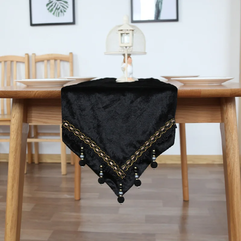 

30x140//180/200/220cm solid black table runner decorative coffee table cloth fringes table mat runner with beads