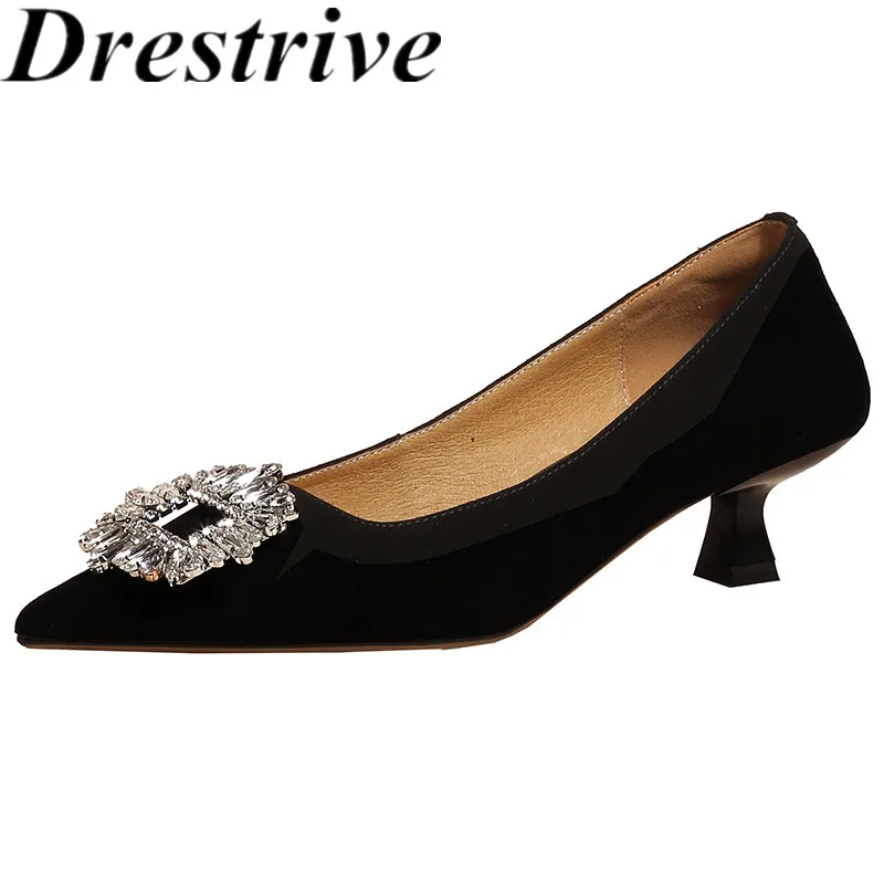

Drestrive Crytal Square Knot Sheep Suede 2021 Classic Women's Pumps Black Low Heels Pointed Toe Summer Shoes Office