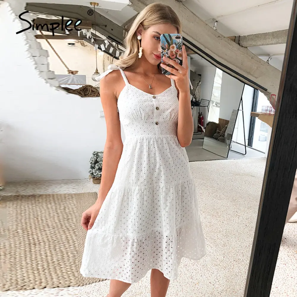 Simplee Casual white women summer beach dress Bow knot spaghetti embroidery  female midi dress backless holiday dress vestidos|Dresses| - AliExpress