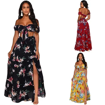 

Boho Floral Print 2 Pieces Suits Sets Summer Casual Ladies Short Top and Long Skirt Suits Sets