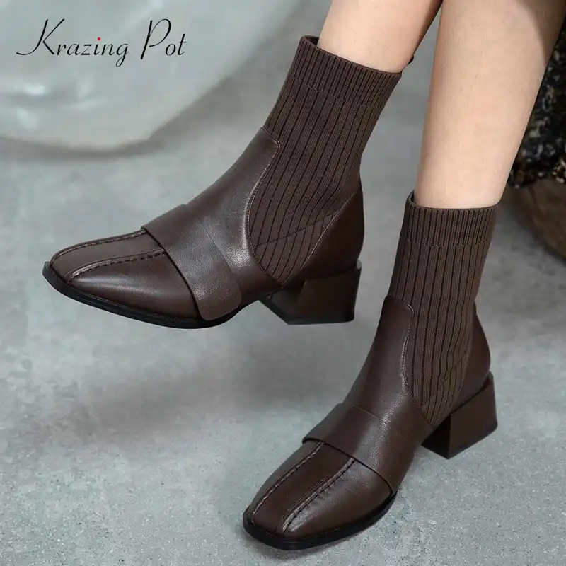 Krazingポット靴下ブーツ本革ニットデザイナー厚いmedヒール正方形で保温成熟したmid ふくらはぎブーツl ミッドカーフブーツ Aliexpress