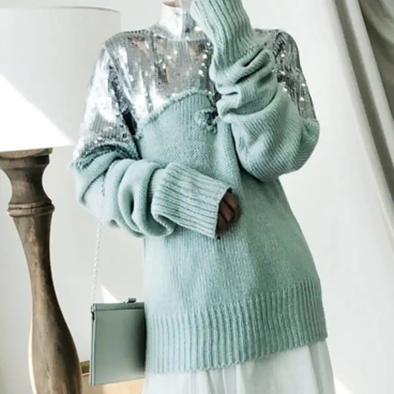 Хороший женский свитер с высоким воротом, Зимний вязаный свитер с блестками в стиле пэчворк, осенний зеленый пуловер с длинным рукавом, свитера
