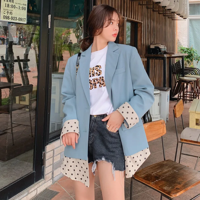 

2019 Small Suit Coat Women's 2019 Spring New Style Korean-style Loose Casual Black Polkadot Joint Suit A010