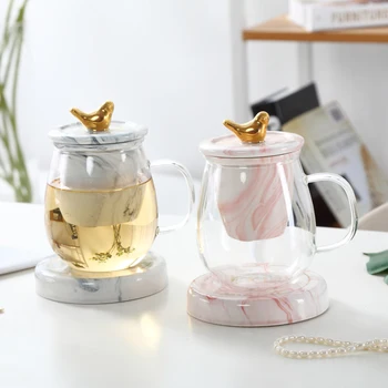 

450ml Simple Art Luxury Glass Flower Tea Cup with Ceramic Cover Filter Modern Home Office Couple Making Tea Cup Coffee Mug Gift