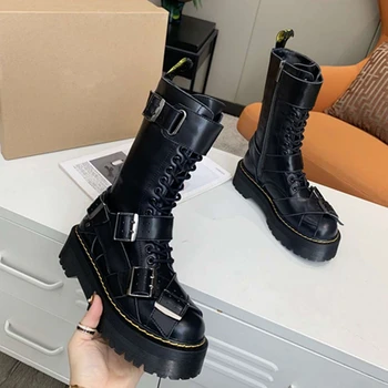 

Women Ankle Boots Black Genuine Leather Buckle Decor Women Autumn Winter Boots Fashion Martin BootsThick Bottom Boots For Women