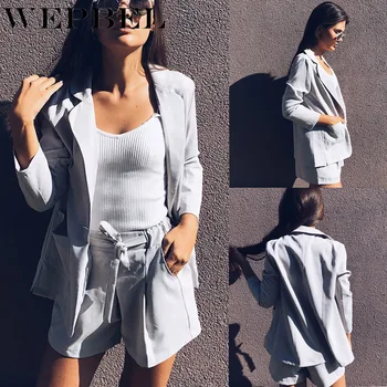 

WEPBEL Women's Casual Solid Color Loose Two-Piece Suit Fashion Long-Sleeved Turn-down Collar Coat + Lace-up Straight Shorts Suit