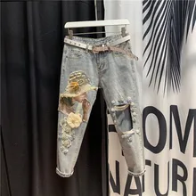 Harajuku Для женщин, Искусственно состаренная, с дырками, узор джинсы модные, по щиколотку в стиле хип-хоп штаны-шаровары штаны с украшением в виде кристаллов, украшенное принтом расклешенные джинсовые штаны