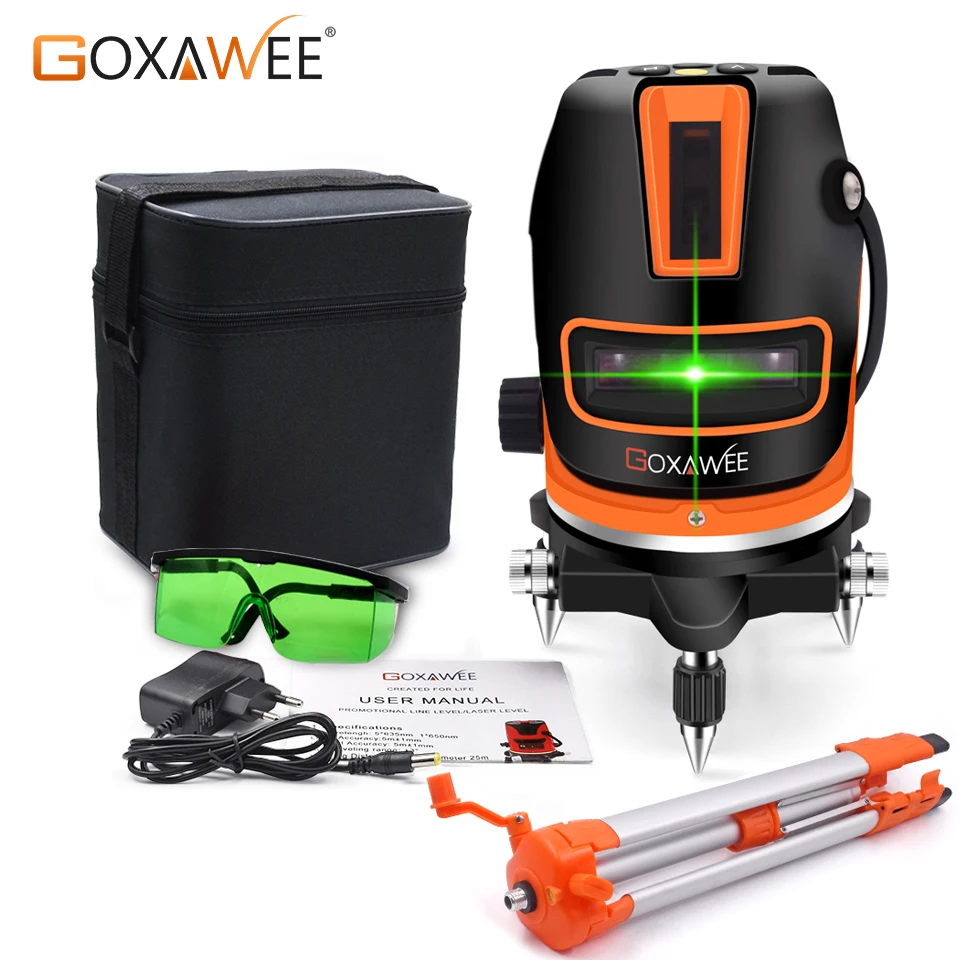 

GOXAWEE Laser Level 360 Degree Rotary 5 Lines 6 points Green Laser With 1.2m Tripod For Vertical Horizontal Tilt Outdoor Mode