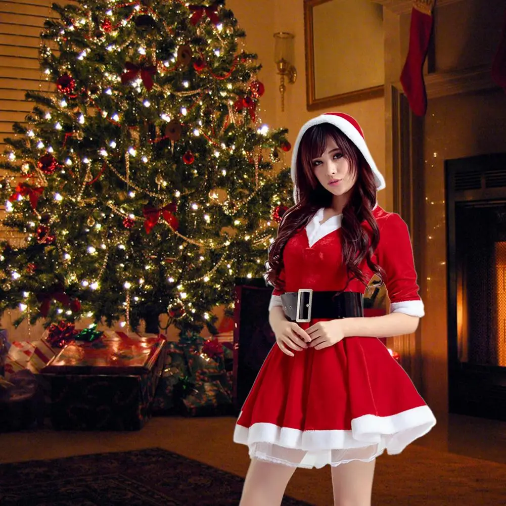 

Christmas Hooded Dress with Belt Sexy COS Performance Clothing Santa Claus Costume for Adult