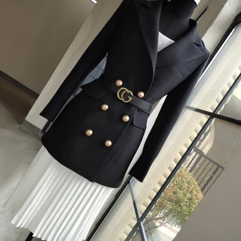 

Super Elegant Double Breasted Belted Blazer and Spaghetti Strap Pleated Chiffon Dress Twinset Dress