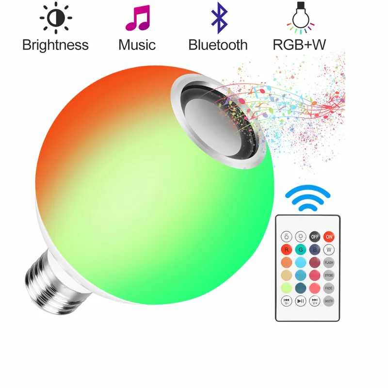 Умный E27 светодиодный RGB Лампочка беспроводной Bluetooth динамик музыка воспроизведение аудио Диммируемый Светильник RGBW лампа с дистанционным управлением