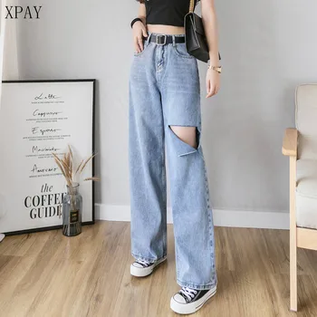 

High Waist Ripped Jeans For Women 2020 Spring Autumn Wide Leg Denim Clothing Vintage Blue Streetwear Pants Korean Long Trousers