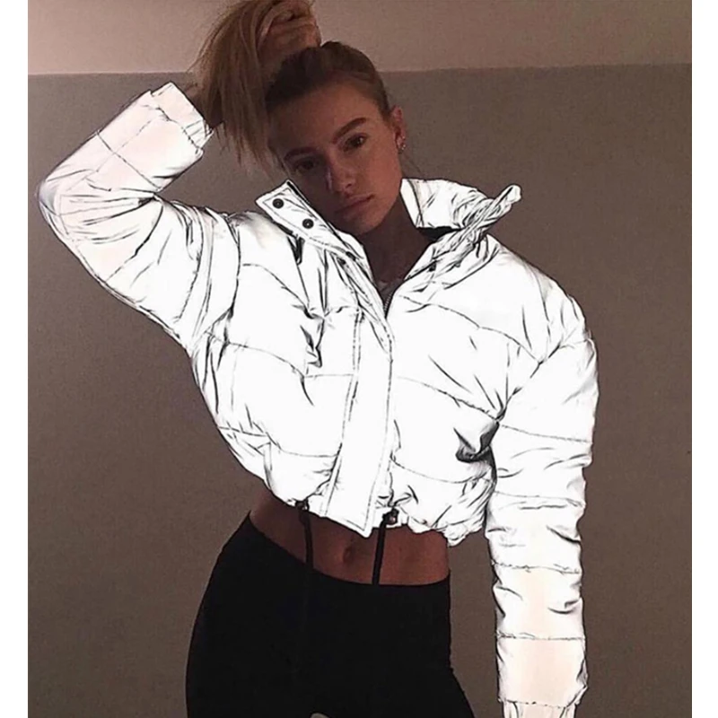 

2019 Women's Hip Length Puffer Jackets Reflective Solid Gray Zipper Button Winter Coat Long Sleeve Cotton Slim Bolero For Women