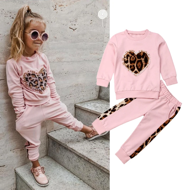 1-6Y комплекты зимней одежды для маленьких девочек розовые леопардовые топы с длинными рукавами длинные штаны спортивный костюм