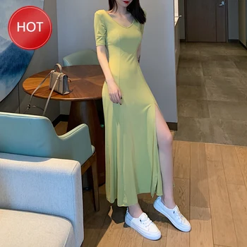 

Women Summer Short Sleeve V Neck Stretchy Split Long Dress Solid Casual Elegant Robe Bodycon Maxi Dresses Vestidos Korean