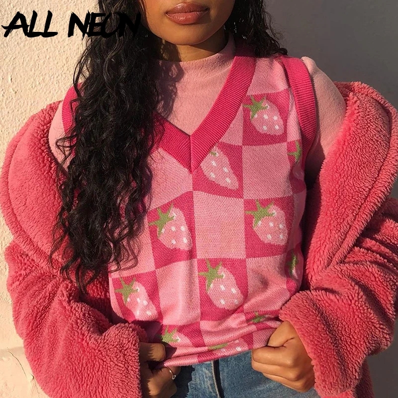 

ALLNeon E-girl Sweet Strawberry Pattern Knitted Sweater Vests E-girl Aesthetics V-neck Sleeveless Y2K Jumpers 90s Fashion Tops