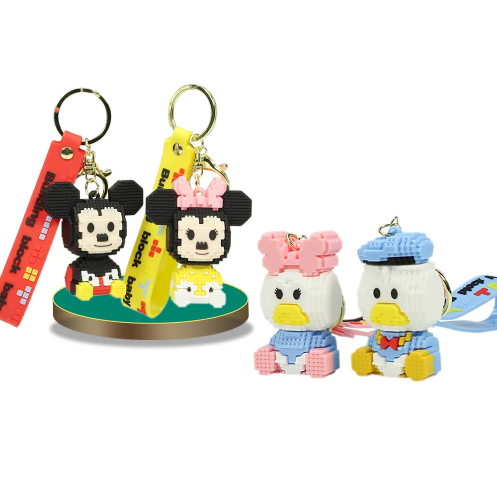 Disney Mickey Minnie Building Block Keychains Cartoon Baby Boy Girl