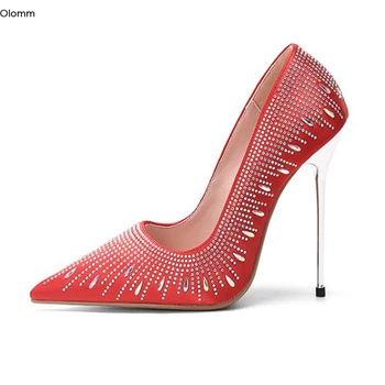 

Olomm New Women Pumps Sexy Stiletto Heels Pointed Toe Gorgeous Rhinestone Black Red T-Table Party Shoes Women Plus US Size 4-13