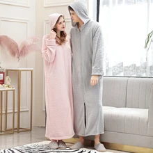 40-110 кг женский зимний фланелевый Халат с капюшоном размера плюс, теплый банный халат на молнии, ночной халат для беременных, Мужская одежда для сна