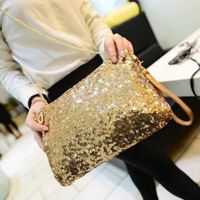 

Women Ladies Glitter Sequins Handbag Sparkling Evening Envelope Clutch Bag Gold Party Purse Luxury Crossbody Chain Messenger Bag