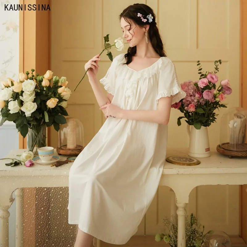 

Short Sleeve Cotton Nightdress Women Summer Nightgowns Loose Plus Size Court Princess Sweet Sleeping Dress Night Gown Homewear