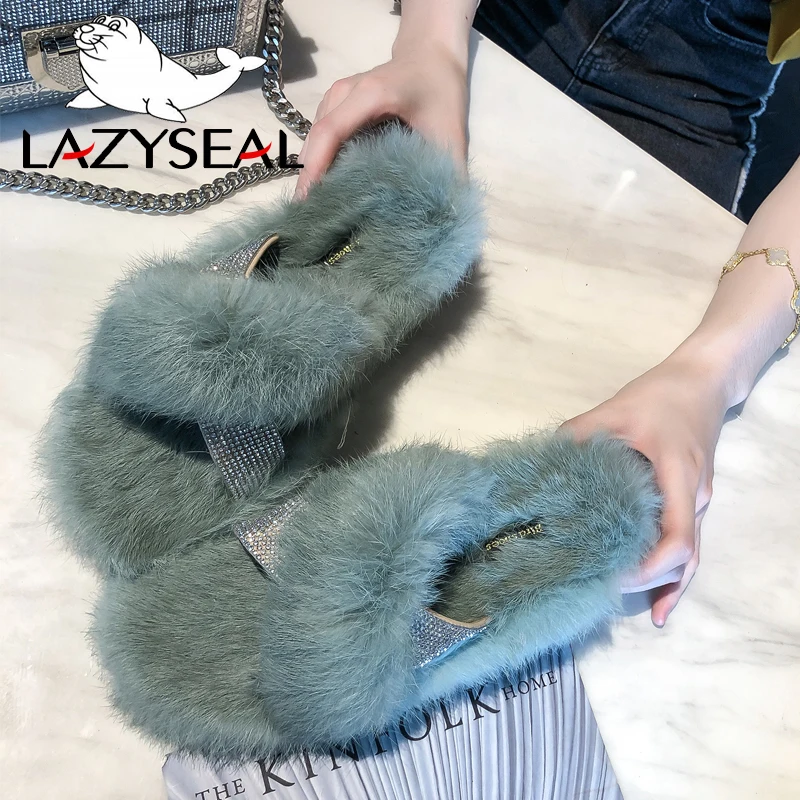 Lazyseal Crystal Home Pantofole In Pelliccia Naturale Scarpe Da Donna Pantofole In Peluche Calde Cross Lady Pantofole In Vera Pelliccia Di Coniglio Sc