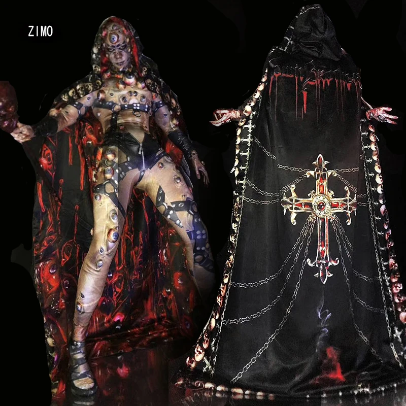 Halloween Men Women Horror Costume 3D Eye Novelty Jumpsuit coat Stretch Rompers Nightclub Party Scary stage drag queen Costumes