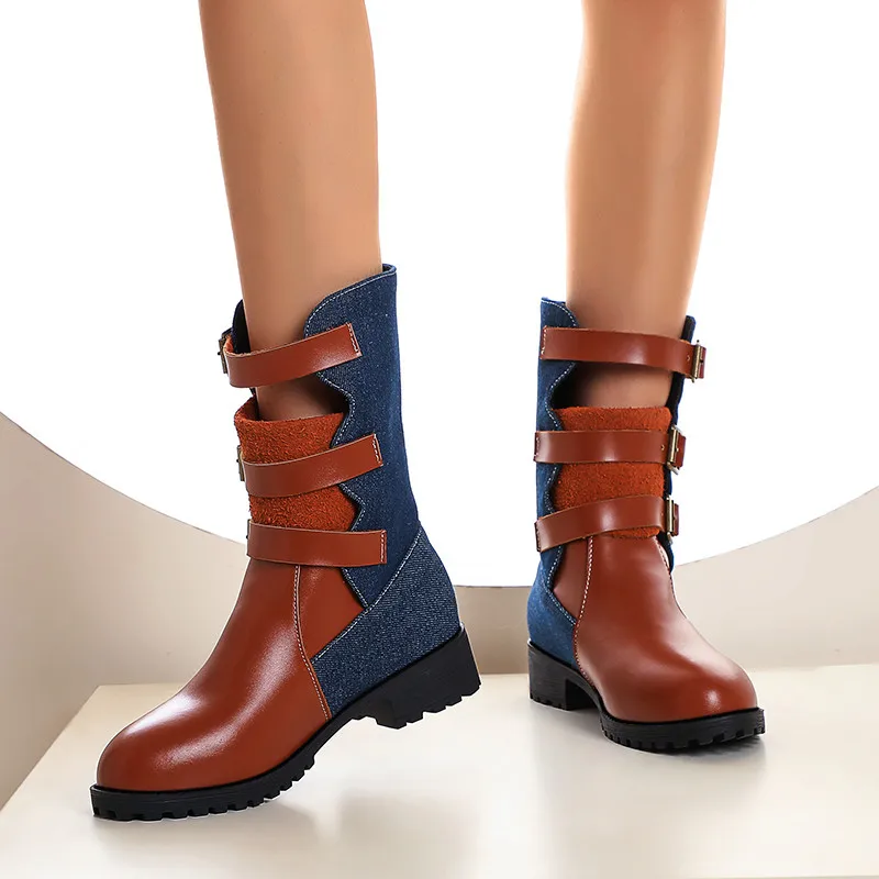 

YMECHIC Autumn 20222 Buckle Strap Denim Pu Chunky Heels British Style Women Shoes Mid Calf Long Biker Knight Boots Female Red